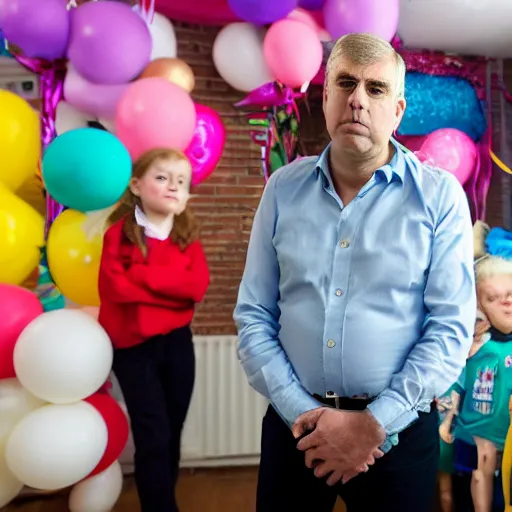 Image similar to prince andrew looking nervous at a children's birthday party, cake, balloons, wide angle, 14mm