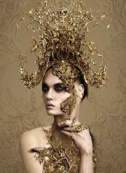 Image similar to a portrait of angelina jollie by stefan geselle and nekro borja, photorealistic, intricate details, hyper realistic, fantasy, elegant, baroque gold headpiece, photorealistic, canon r 3, photography, wide shot, symmetrical features, symmetrical pose, wide angle shot, head to toe, standing pose, feet on the ground, wearable art