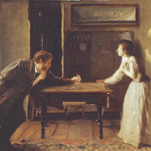 Image similar to a young man and a young woman solving an escape room puzzle, mysterious markings on the wall, by alfred stevens