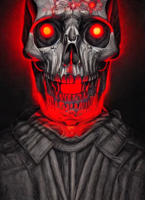 Prompt: portrait of cybernetic skull with glowing red eyes, by wayne barlow, stanley donwood, anton semenov, zdzislaw bekinski, hr giger, 8 k, sci fi, dark, highly detailed