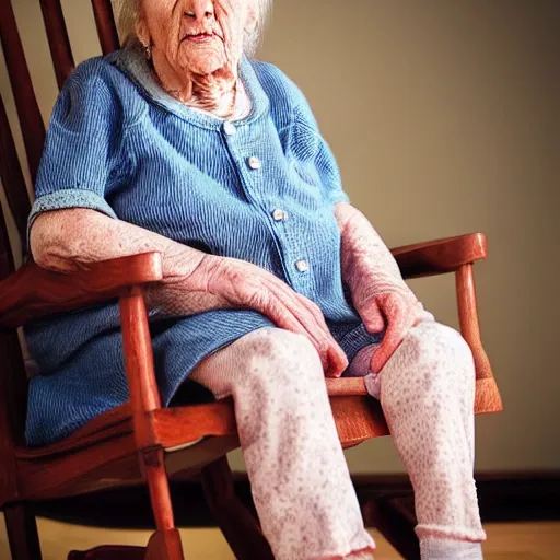 Prompt: hyper-realistic realistic realistic portrait where a very old grandmother appears sitting in a rocking chair. a 3-year-old baby girl appears sitting on the grandmother's leg