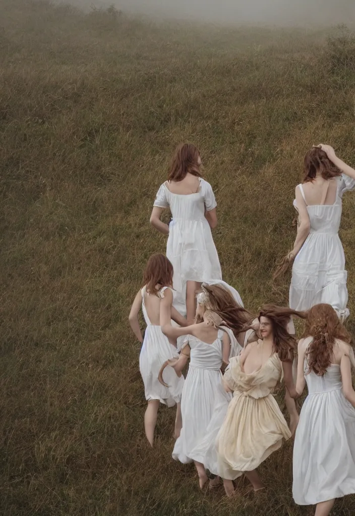 Prompt: 4 girls in vintage white dresses running on the edge of hill, Cinematic focus, atmospheric lighting, Polaroid photo, bleached, vintage, pastel colors, High-key lighting, soft lights, cozy, foggy, by Steve Hanks, by lisa yuskavage, by Serov Valentin, by Krenz Cushart, by Andrei Tarkovsky, 8k render, octane render, fine details, detailed, oil on canvas High angle view, wide shot