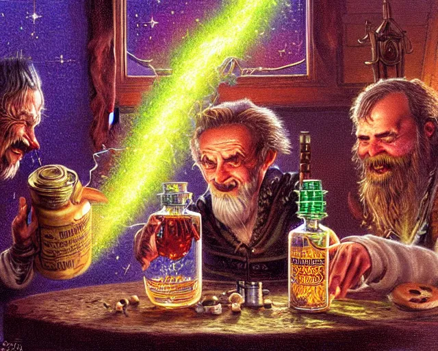 Prompt: A richly detailed fantasy digital art of an ancient vintage apothecary magic arcane nebula healing elixir potion bottle trading card an esoteric blender render by Bob Eggleton, two jolly wizards enthusiastically drinking and imbibing magic potions