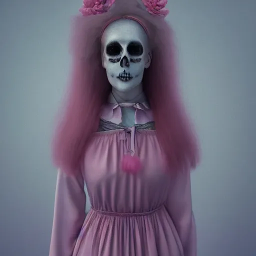 Prompt: 8 k, octane render, realism, tonalism, renaissance, rococo, baroque, cotton candy, portrait of a creepy young lady wearing long 1 9 7 0 s babydoll dress with flowers and skulls