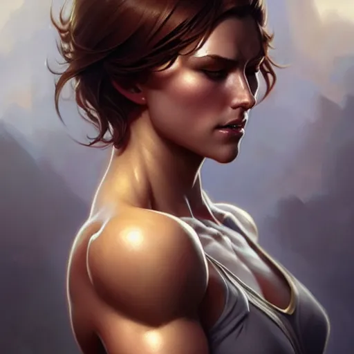 Image similar to muscular female with short hair, supermuscular upper body, D&D, fantasy, intricate, elegant, highly detailed, digital painting, artstation, concept art, smooth, sharp focus, illustration, art by artgerm and greg rutkowski and alphonse mucha