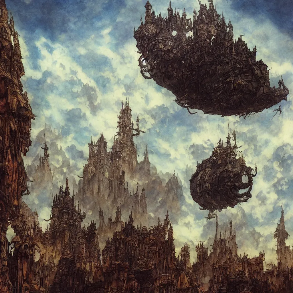 Image similar to Fantasy village, the inhabitant looking up at the sky. The sky is completely covered to the horizon by an incredibly huge airship-like ship. Extremely high detail, realistic, dark fantasy art, masterpiece, 8k, octane rendering, Arthur Rackham painting, art by Victoria Frances, Frank Frazetta.