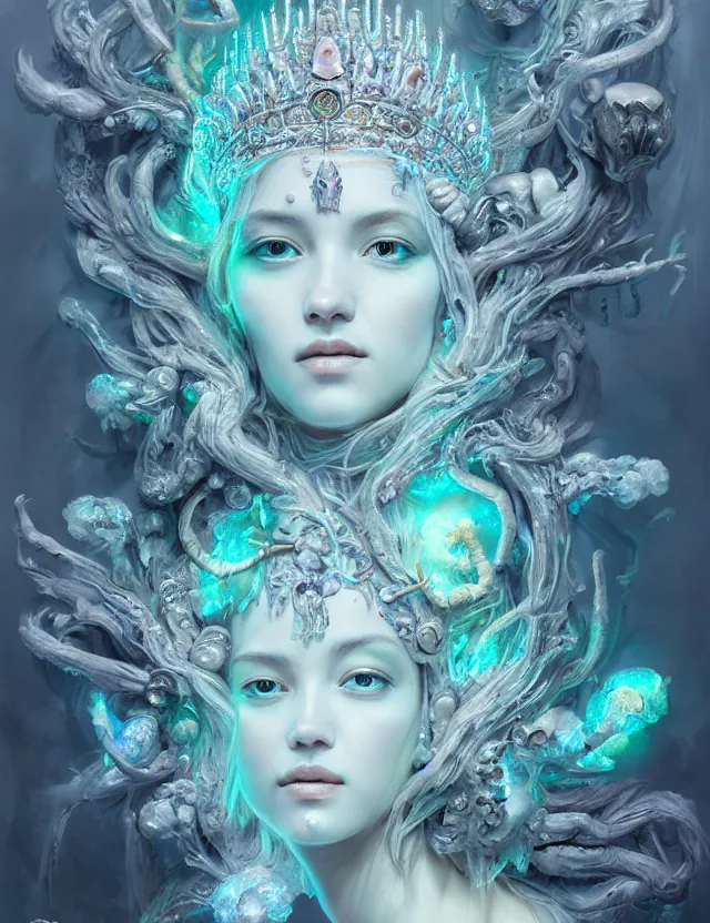 Image similar to goddess portrait from bottom to top by jessica oyhenart in crown made of ram skull, bioluminiscent, plasma, ice, water, wind, creature, super intricate ornaments artwork by tooth wu and wlop and shofff and greg rutkowski