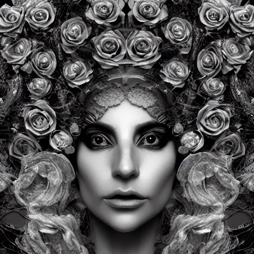 Image similar to mythical dreamy black and white organic bio - mechanical spinal ribbed profile face portrait detail of translucent steampunk beautiful lady gaga seraphim angelic - human - queen - vegetal - cyborg - red - haired, highly detailed, intricate crystal ivy jelly ornate, poetic, translucent roses ornate, 3 d render, digital art, octane render, 8 k artistic photography, photo - realistic, by dora maar