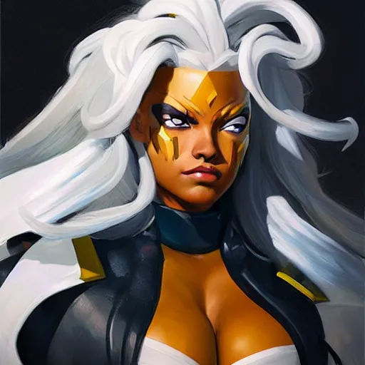 Image similar to greg manchess portrait painting of partially armored ororo munroe alias storm as overwatch character, medium shot, asymmetrical, profile picture, organic painting, sunny day, matte painting, bold shapes, hard edges, street art, trending on artstation, by huang guangjian and gil elvgren and sachin teng