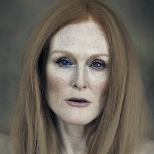 Image similar to portrait photo of julianne moore, full platinum blond, intense, pale skin, by kyle thompson, realistic, high detail, high quality, trending on pinteresst