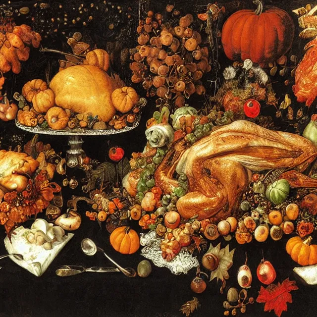 Image similar to victorian thanksgiving supper, black background, still life by giuseppe arcimboldo, vanitas, intricate high detail masterpiece