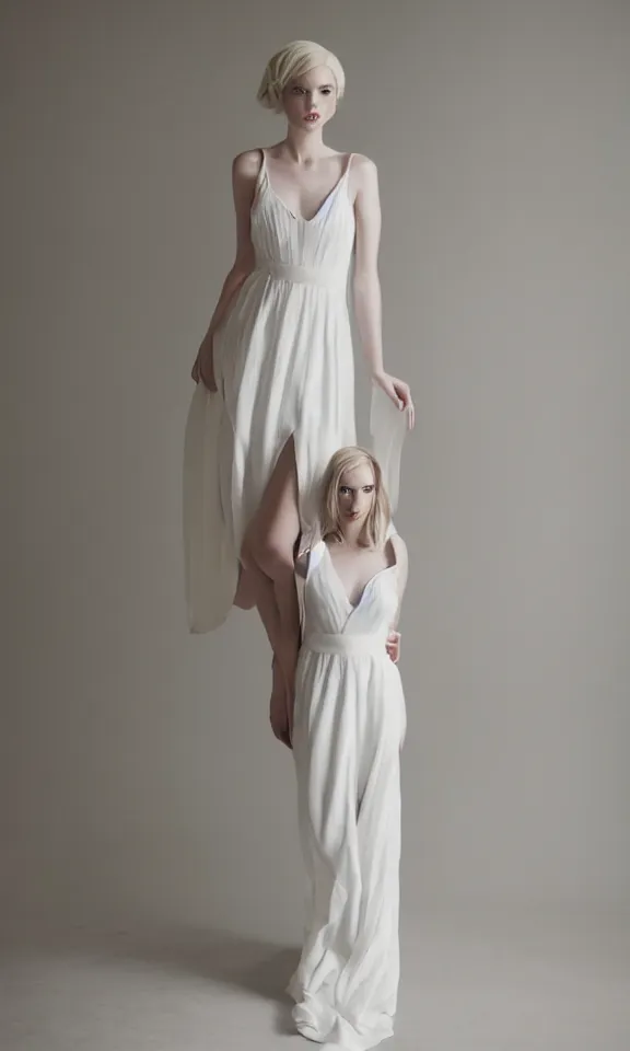 Image similar to photo of gorgeous seductive tall emily skinner cosplaying annie leonhart wearing elegant white dress, wearing open toe heels, in a white room, beautiful face, pale skin, rule of thirds, cinematic lighting, sharp focus, backlit, stunning, smooth, hard focus, full body shot, studio photo, shot on sony a 7 iii
