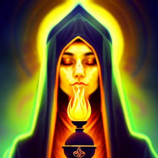 Image similar to ( a priestess with a hood that covers half her face carries an incense burner that emits a pleasantly colored flame. ) by anato finnstark, dream, full body portrait, dynamic lighting, beautiful, trending on artstation, wallpaper, 4 k, award winning, digital art, very detailed faces