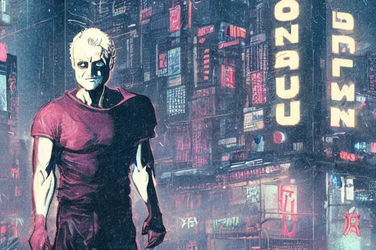 Prompt: roy batty with a bare torso sits in the lotus position with his head bowed in the rain on the roof of a building in the cyberpunk future, around neon signs, a little haze, night, realistic proportions, anime style ghost in armor