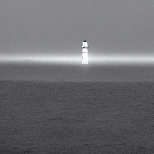 Prompt: stormy ocean at midnight, dark storm clouds overhead, lighthouse in the background concealed by fog, hurricane, dark midnight sky