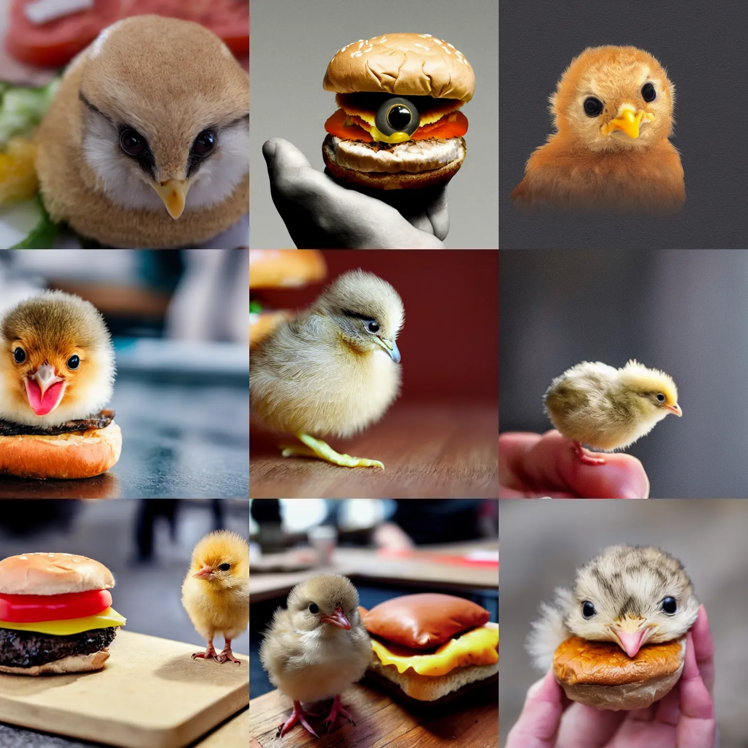 Prompt: a small chick animal on a hamburger
