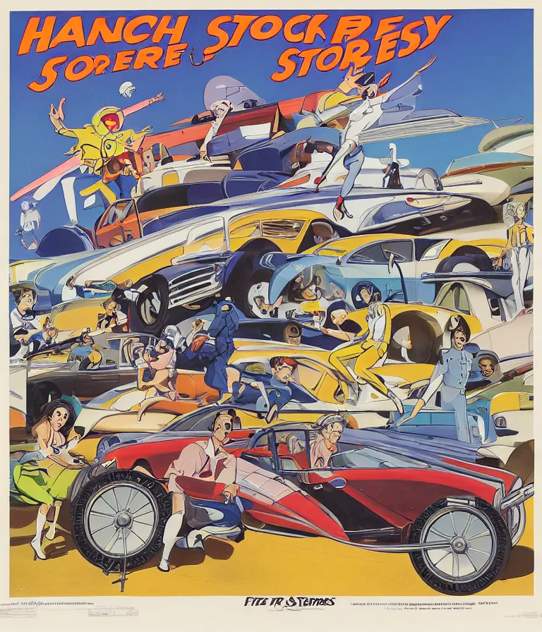 Image similar to Hannah Barbera cartoons of Five Star Stories as Whacky Wheels, promotional poster.