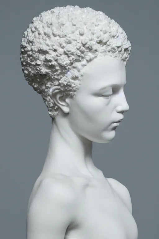 Image similar to full head and shoulders, beautiful female porcelain sculpture by daniel arsham and raoul marks, smooth, all white features on a white background, hair built like an apartment tower, delicate facial features, white eyes, white lashes, detailed white,