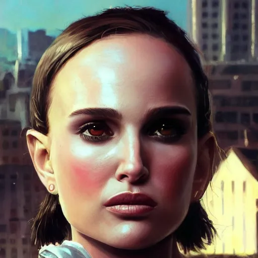 Image similar to closeup portrait of natalie portman from the movie leon the professional, matilda, hitman, city background, dramatic light, gorgeous view, depth, high detail, digital art, painted by greg rutkowski and seb mckinnon, by tim burton, trending on artstation