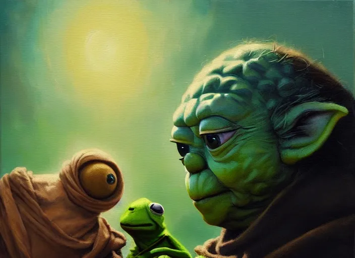 Prompt: Beautiful oil painting of Yoda and Kermit by Titian and Chie Yoshii, portrait, Star Wars, Muppets, intricate, face, elegant, light teal mist, cityscape, highly detailed, dramatic lighting, sharp focus, trending on artstation, artstationHD, artstationHQ, unreal engine, 4k, 8k