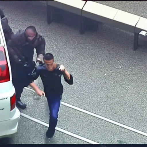 Image similar to security camera footage of cristiano ronaldo robbing a bank, he is holding a gun