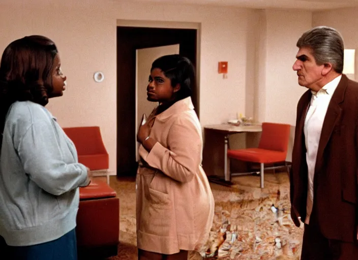 Image similar to cinematic shot of octavia spencer confronts joe manchin in a motel, in the near future, iconic scene from the paranoid thriller sci fi film directed by stanley kubrick, color theory, apartment design, leading lines, photorealistic, volumetric lighting, shot on color kodak stock