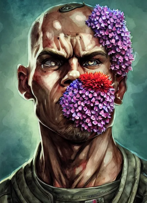 Image similar to handmade character portrait of an angry american soldier man, explosion of flowers, amaratyllis, hydrangea, chrysanthemum and hyacinth, in the style of artgerm and enki bilal and bastien lecouffe - deharme, wlop, line art, watercolor, cinematic lighting, hyperdetailed, hyperrealistic