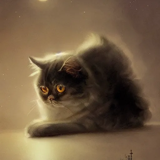 Prompt: Persian Cat, dark light night, intricate, elegant, sharp focus, illustration, highly detailed, digital painting, concept art, matte, art by WLOP and Artgerm and Greg Rutkowski and Alphonse Mucha, masterpiece