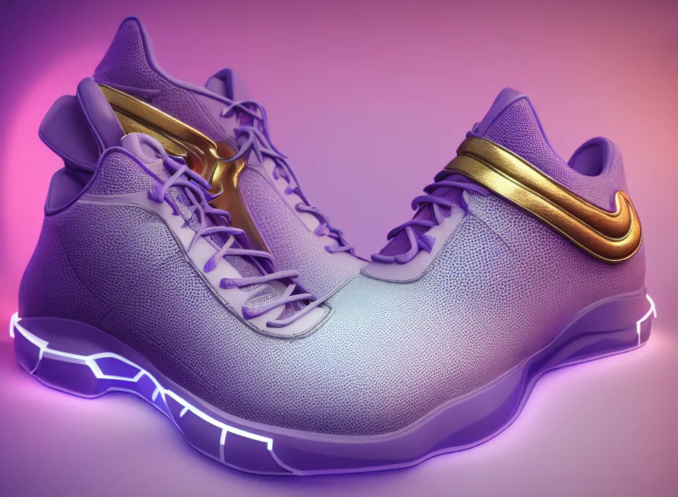 Image similar to realistic 3 d render of a futuristic sneaker, beautiful studio lighting, soft, sharp focus, neon glowing lines, intricate detail, purple and blue leather, soft white rubber, shiny plastic, hexagon mesh, gold filigree, octane render, side view, close up, trending on artstation, deviantart, nike, asics, salomon