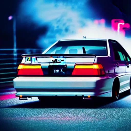 Image similar to a car Toyota Chaser twin-turbo at illegal car meet, Saitama prefecture, city sunset mist neon lights, cinematic color, photorealistic, highly detailed, 200MM