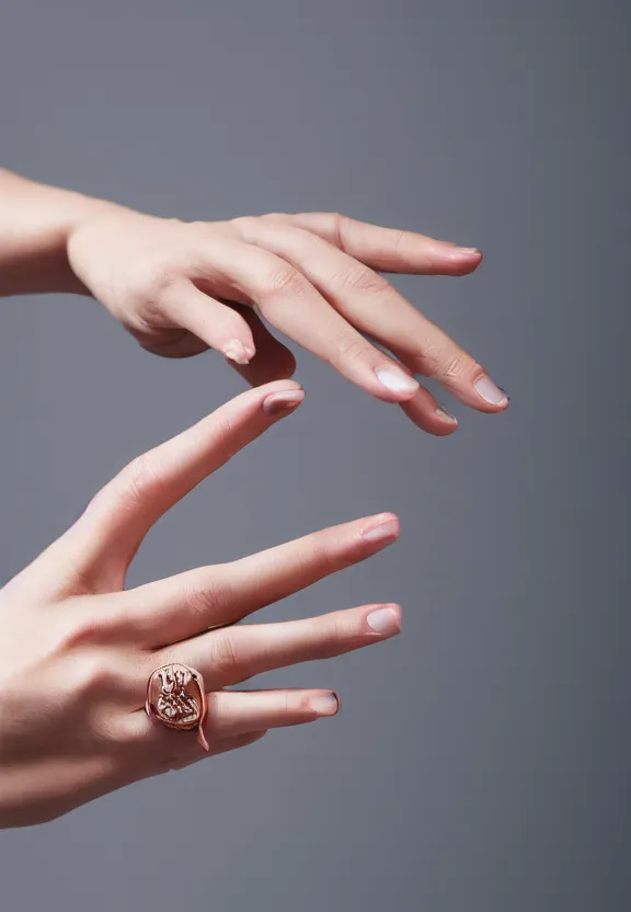 Image similar to a photo of one ultra detailed woman's palm, cupping hand gesture, point finger with ring on it, other hand not visible, instagram photo, studio photo