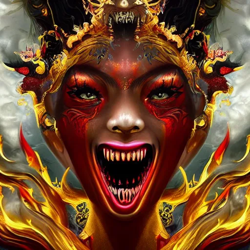 Prompt: stunning female demons surrounded in fire, korean, buddhist, Naraka otherworldly rising from the fire, crystal amber eyes , wings, very detailed face, smile, monster teeth covered in red, dark and mysterious, full body, rococo, cinematic, epic ,4K very detailed, full body, Sun God, death God, hell -H 1200 -W 800 -n 6