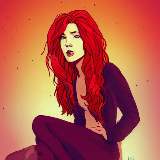 Image similar to a beautiful comic book illustration of a woman with long red hair sitting near a lake at night by dave gibbons, featured on artstation