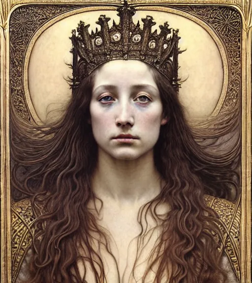 Image similar to detailed realistic beautiful young medieval queen face portrait by jean delville, gustave dore and marco mazzoni, art nouveau, symbolist, visionary, gothic, pre - raphaelite. horizontal symmetry by zdzisław beksinski, iris van herpen, raymond swanland and alphonse mucha. highly detailed, hyper - real, beautiful, fractal baroque