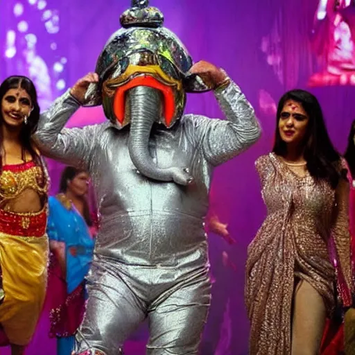 Prompt: bollywood movie, an elephant wearing a silver latex suit and an iridescent metal helmet surrounded by women dancing in colorful flowing intricate dresses on a tropical alien planet