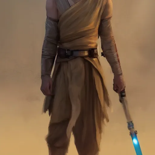 Image similar to a young blonde male jedi with short hair looking away at a threat full body shot concept art by Doug Chiang cinematic concept art, realistic painting, high definition, digital art, matte painting, symmetrical, very detailed, realistic, dramatic lighting, cinematic, establishing shot, extremely high detail, photo realistic, cinematic lighting, post processed, concept art, artstation, matte painting, red color scheme