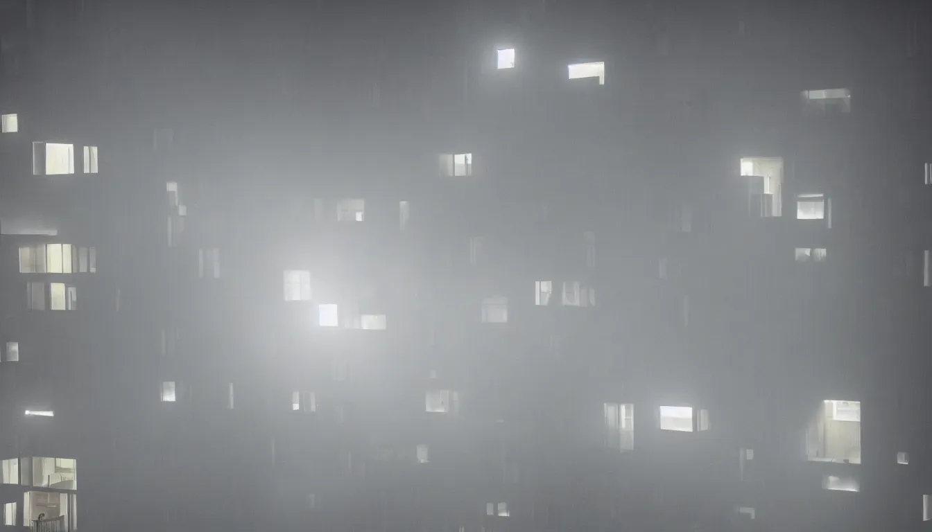 Prompt: Spying into the windows of a small tower block from outside , observing the private lives of the human inhabitants, volumetric lighting shines through the misty nighttime sky , full colour