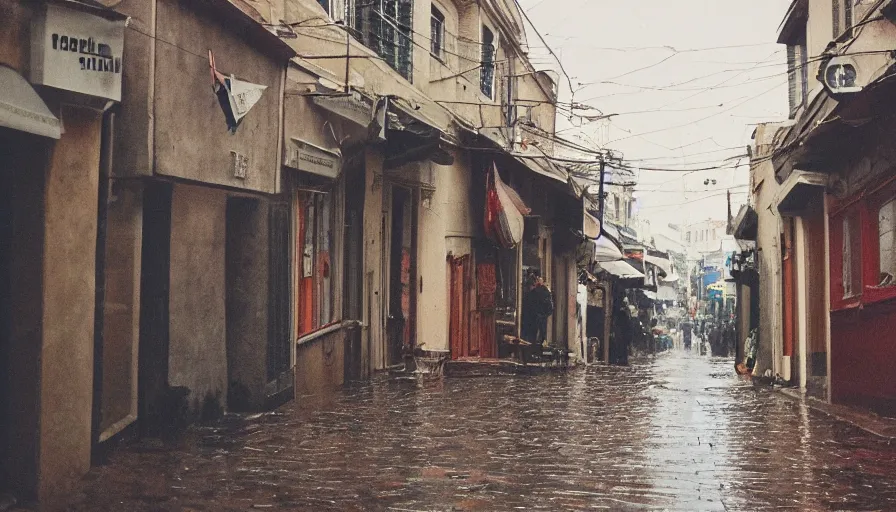 Prompt: small street in istanbul, rainy day, 3 5 mm film photo, analog photography, film artifacts, muted colors, documentary photo, highly detailed, pentax k 1 0 0 0, no people