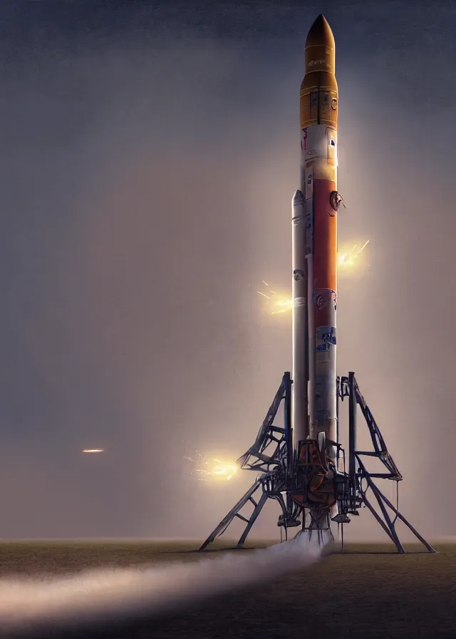 Image similar to epic professional digital art of complex heavy vertical rocket on launch pad, at takeoff, ambient light, painted,, cinematic, detailed, grand, leesha hannigan, wayne haag, reyna rochin, ignacio fernandez rios, mark ryden, van herpen, artstation, cgsociety, epic, stunning, gorgeous, wow wow detail