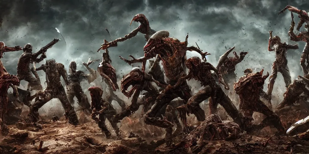 Image similar to epic battle scene of aliens versus zombies, post apocalyptic, post human, Epic Background, highly detailed, sharp focus, 8k, 35mm, cinematic lighting