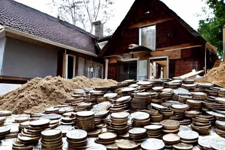 Image similar to a house, under construction, made of money, with piles of coins around it