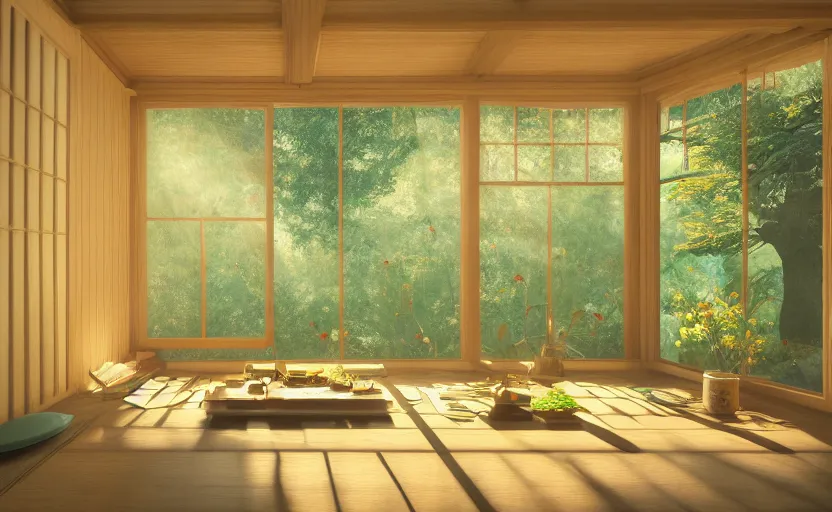 Prompt: interior view of a Japanese herbalist cottage, waxy candles, books, flowers, wood furnishings, light bloom, dust, ambient occlusion, rays of light coming through windows, trending on artstation