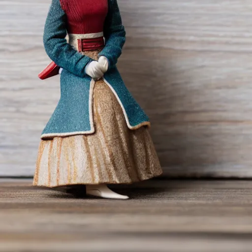 Image similar to jenna coleman figurine by pixar sad bokeh on wooden table.