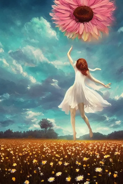 Prompt: veil of giant white daisy flower as head, girl dancing in a flower field, surreal photography, sunrise, dramatic light, impressionist painting, colorful clouds, digital painting, artstation, simon stalenhag