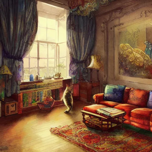 Image similar to a beautiful intricate watercolor illustration of a living room with playing cats, 4 k, ultra - wide angle, by william turner, by victo ngai, by moebius, by gustave dore, hd, trending on artstation, hyper detailed, muted intense colors