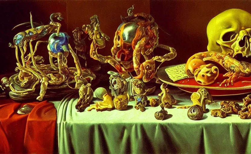 Prompt: disturbing colorful oil painting dutch golden age vanitas still life with bizarre objects strange gooey transparent surfaces shiny metal reflections bizarre mutant meat insects rachel ruysch dali todd schorr very detailed perfect composition rule of thirds masterpiece canon 5 0 mm, cinematic lighting, photography, retro, film, kodachrome