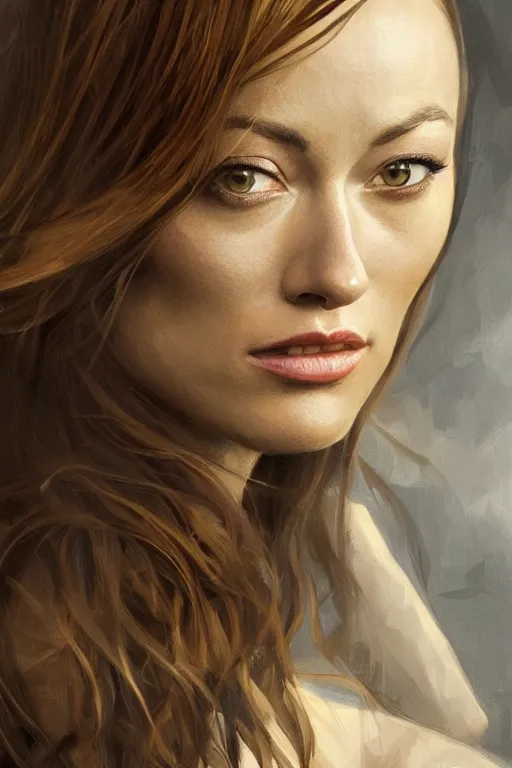 Image similar to a professionally painted portrait of Olivia Wilde, clothed in flames, olive skin, long dark hair, beautiful bone structure, symmetrical facial features, intricate, elegant, digital painting, trending on Artstation, concept art, smooth, sharp focus, illustration, from Metal Gear by Ruan Jia and Mandy Jurgens and Artgerm and William-Adolphe Bouguerea, award winning