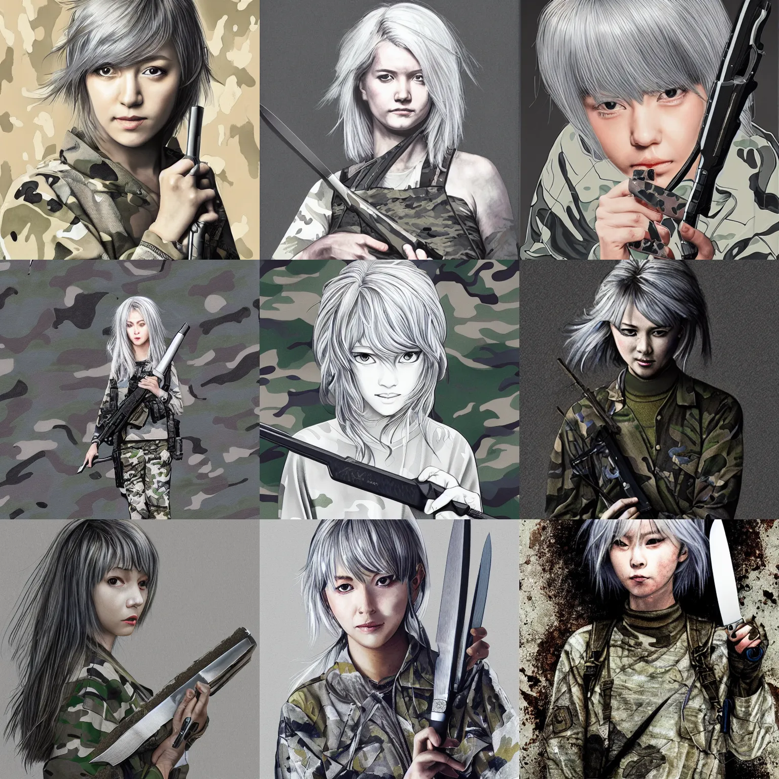 Prompt: silver hair girl holding a knife, multicam camo, cinematic portrait, ilustration by Takehiko Inoue