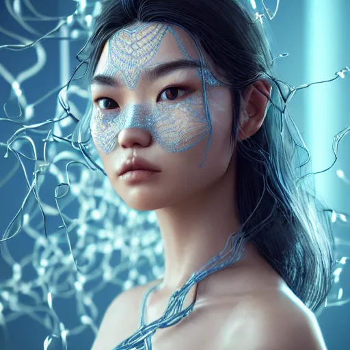 Prompt: intricate highly detailed face portrait of asian - european woman, light blue water vines on her face, intricate, cgsociety, unreal engine, octane render, sharp focus, smooth, volumetric lighting, cinematic composition, artstation