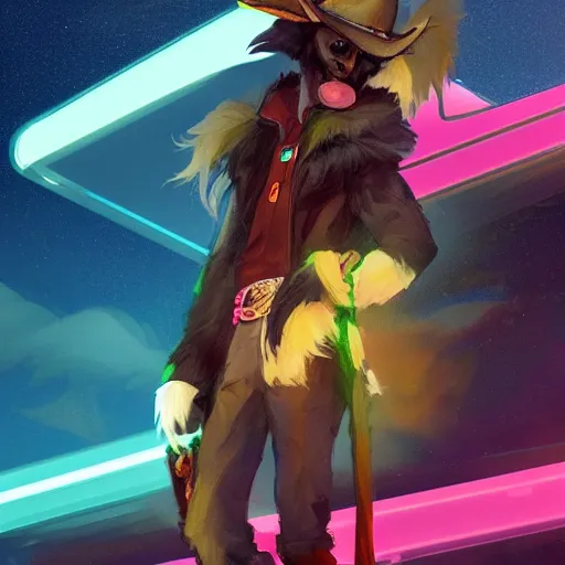 Image similar to wide angle beautiful full body portrait of a cute male anthropomorphic anthro border collie fursona wearing cowboy outfit in a neon metropolis, character design by charlie bowater, henry asencio, and ross tran, furry art, furaffinity, beautiful, glamor pose, detailed, aesthetic, trending on artstation